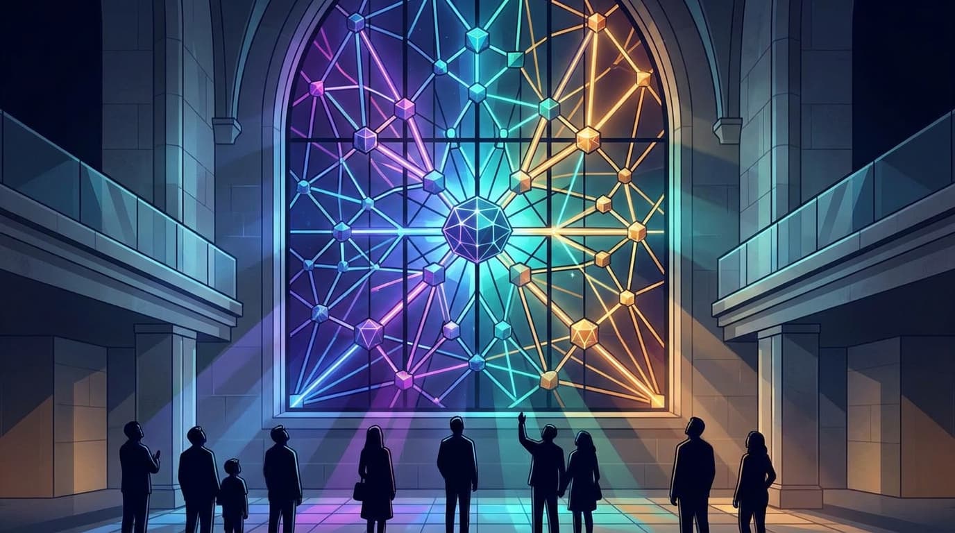 A conceptual image showing an AI neural network depicted as a stained-glass window, symbolizing the religious-like faith placed in AI systems.