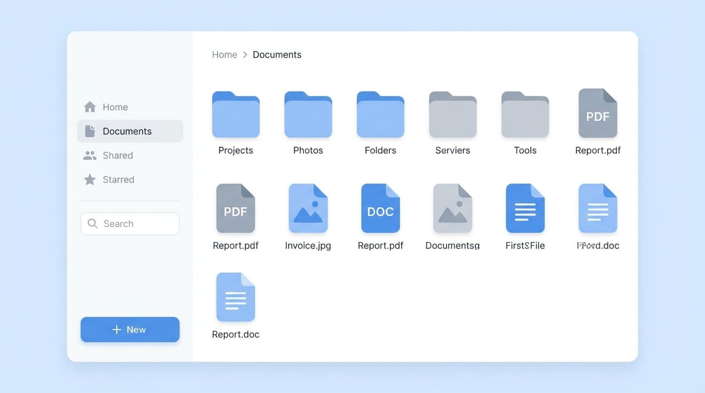 A conceptual illustration of a modern web-based file manager interface, showing a clean layout of files and folders.