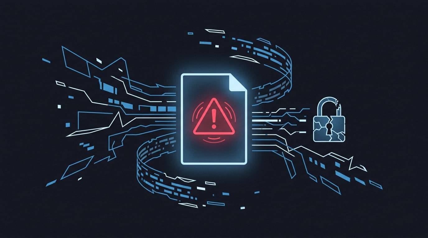 A conceptual image of a security flaw in a digital document, showing data corruption and a warning icon.