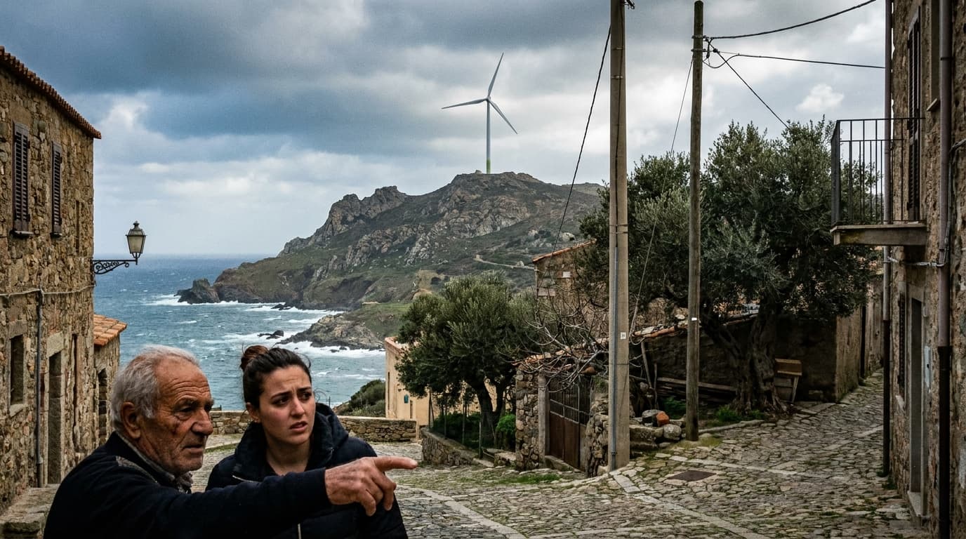 A wind turbine on the scenic coast of Sardinia, representing the conflict over renewable energy.