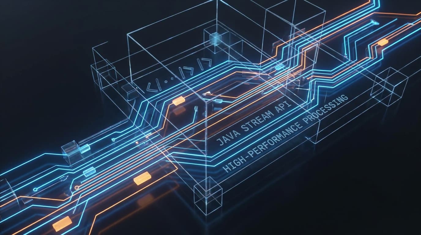An abstract illustration of efficient data processing, with streams of light representing data flowing through a structured, code-like environment.