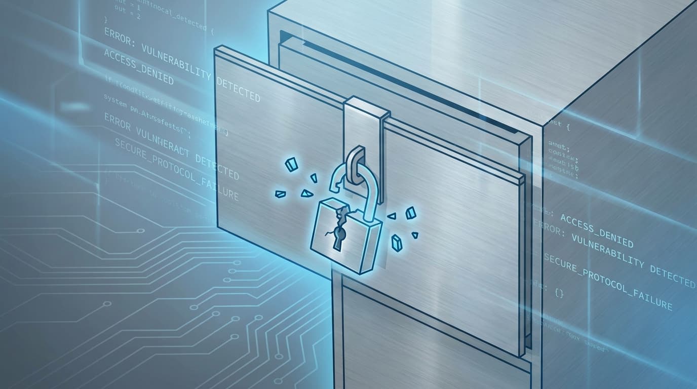 A broken lock on a digital file cabinet, representing the NNCP security vulnerability.