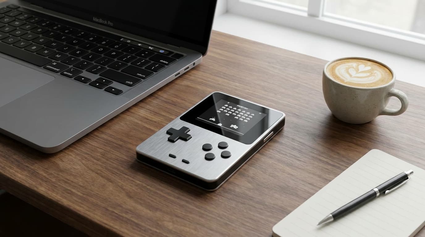 The Arduboy FX-C, a credit card-sized handheld gaming console, shown in a professional setting.