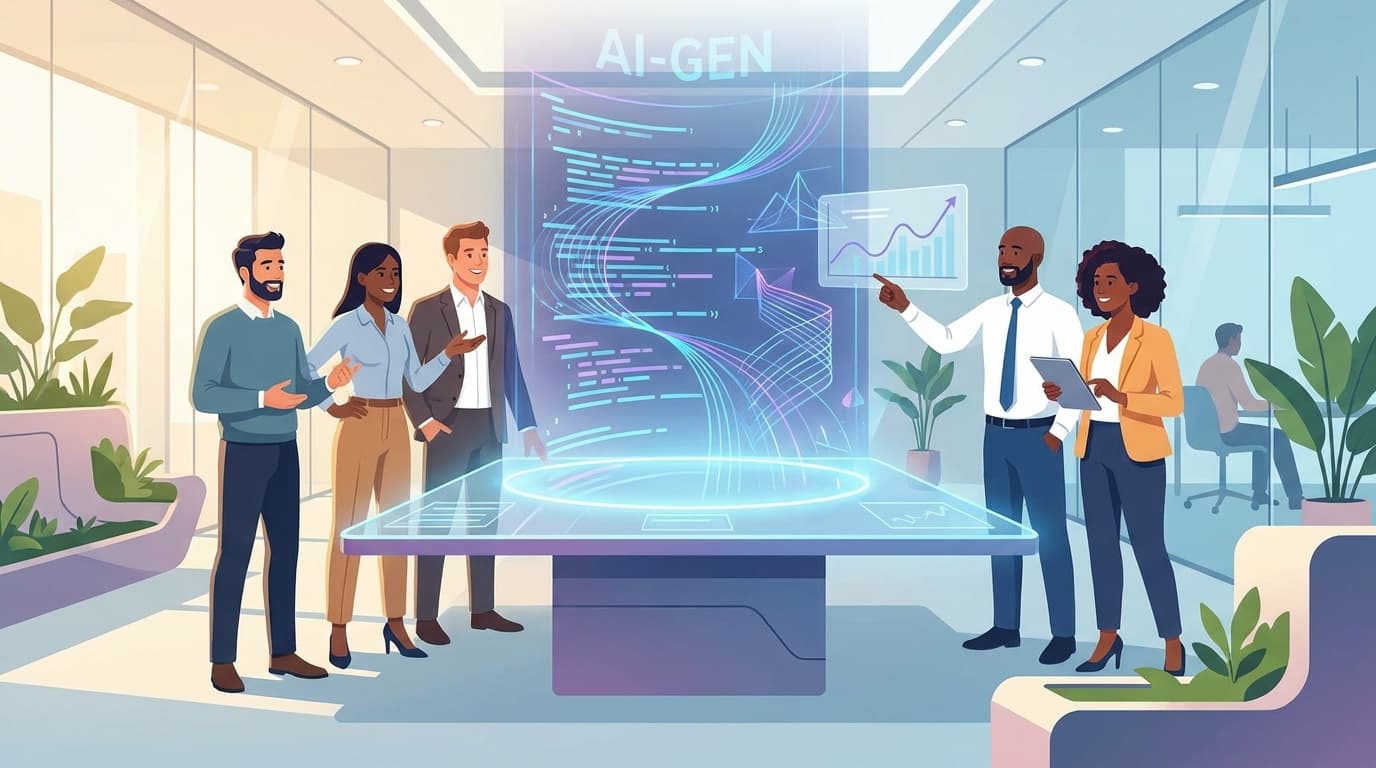 An illustration of business professionals using an AI interface to generate code, representing the trend of citizen development.