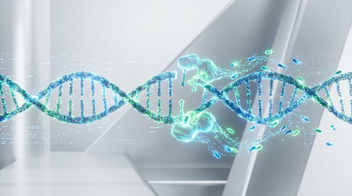 Abstract representation of gene-editing technology on a DNA strand, symbolizing a breakthrough in biotech.