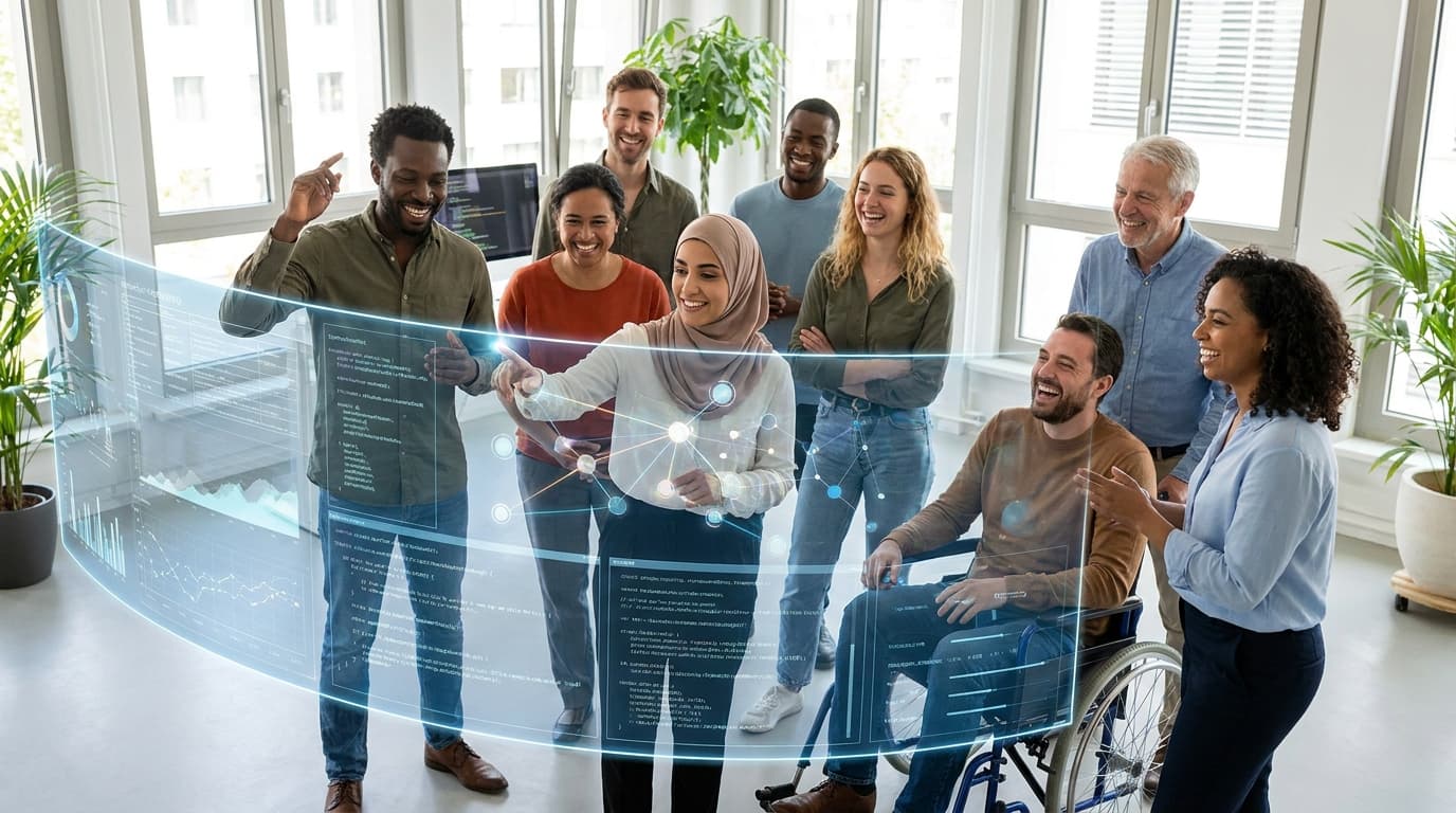 A team of technology professionals collaborating on an AI project, symbolizing a people-centric approach to artificial intelligence strategy.