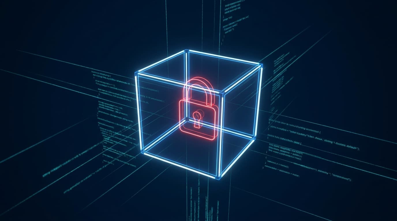 An abstract representation of container security, showing a digital container with a red lock symbol inside.