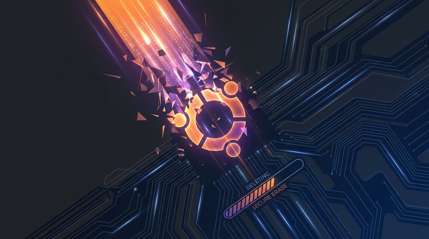 Abstract representation of a file deletion vulnerability on an Ubuntu system, showing a secure digital lock.