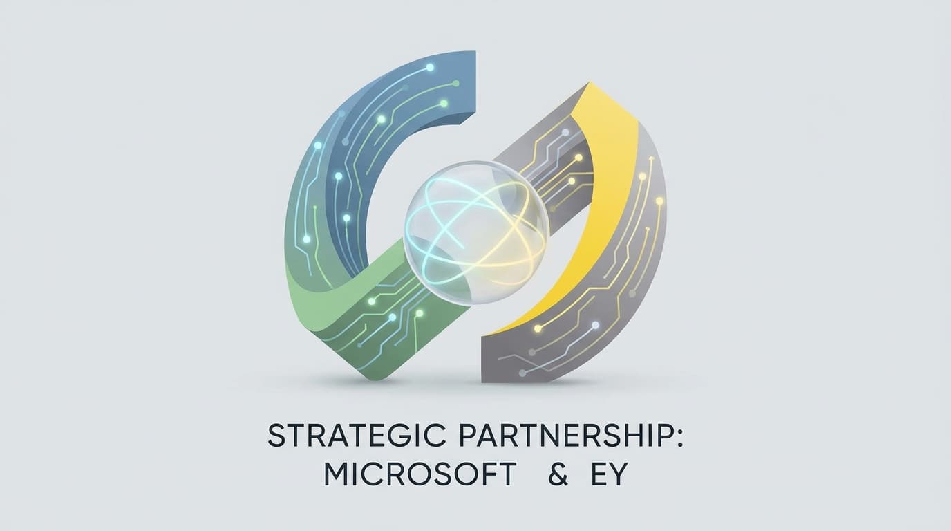 Abstract art representing the Microsoft and EY AI partnership, with interconnected nodes in blue, green, and yellow.