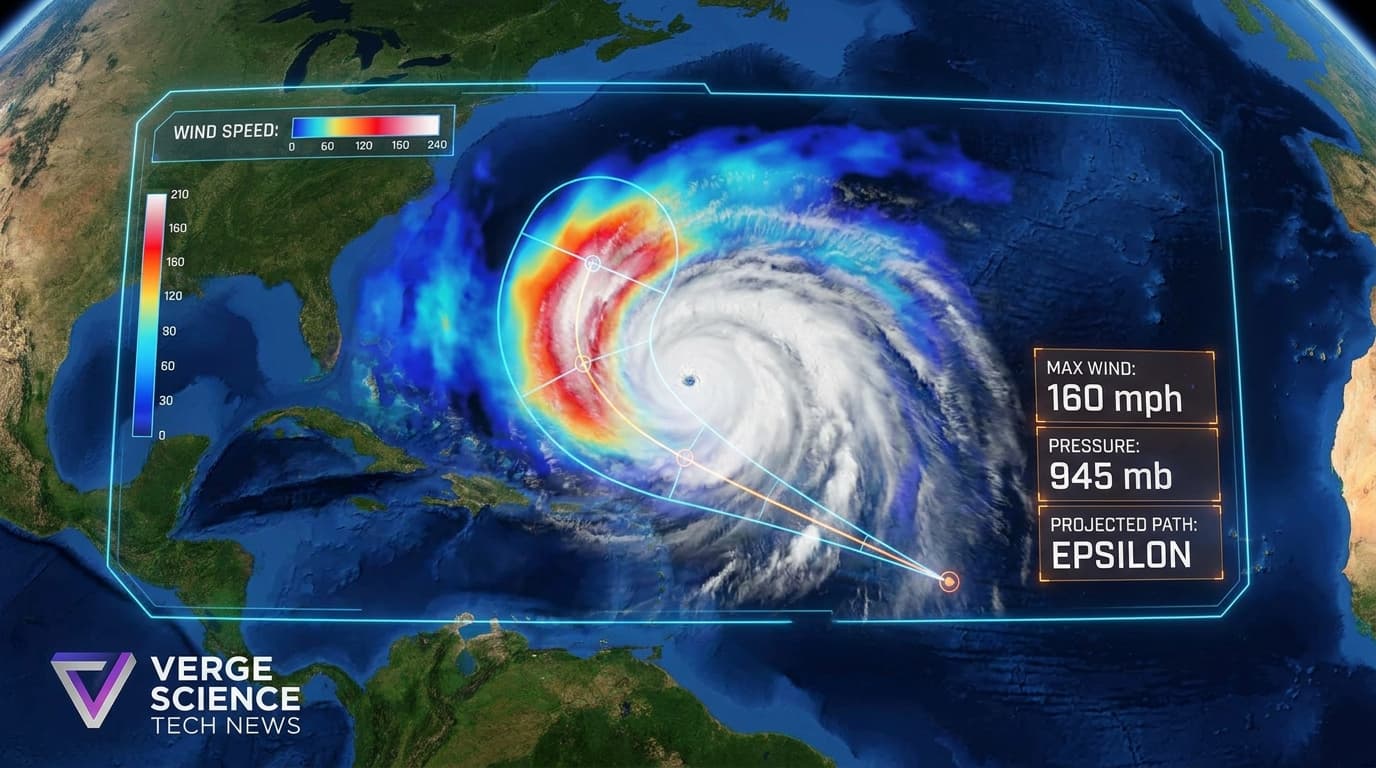 Satellite image of an Atlantic hurricane with weather data overlays.
