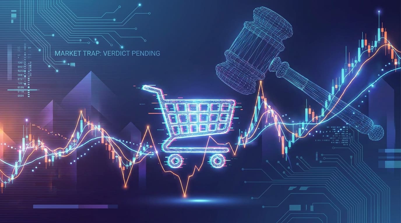 A conceptual image representing a lawsuit against Amazon's subscription pricing, showing a shopping cart and a gavel.