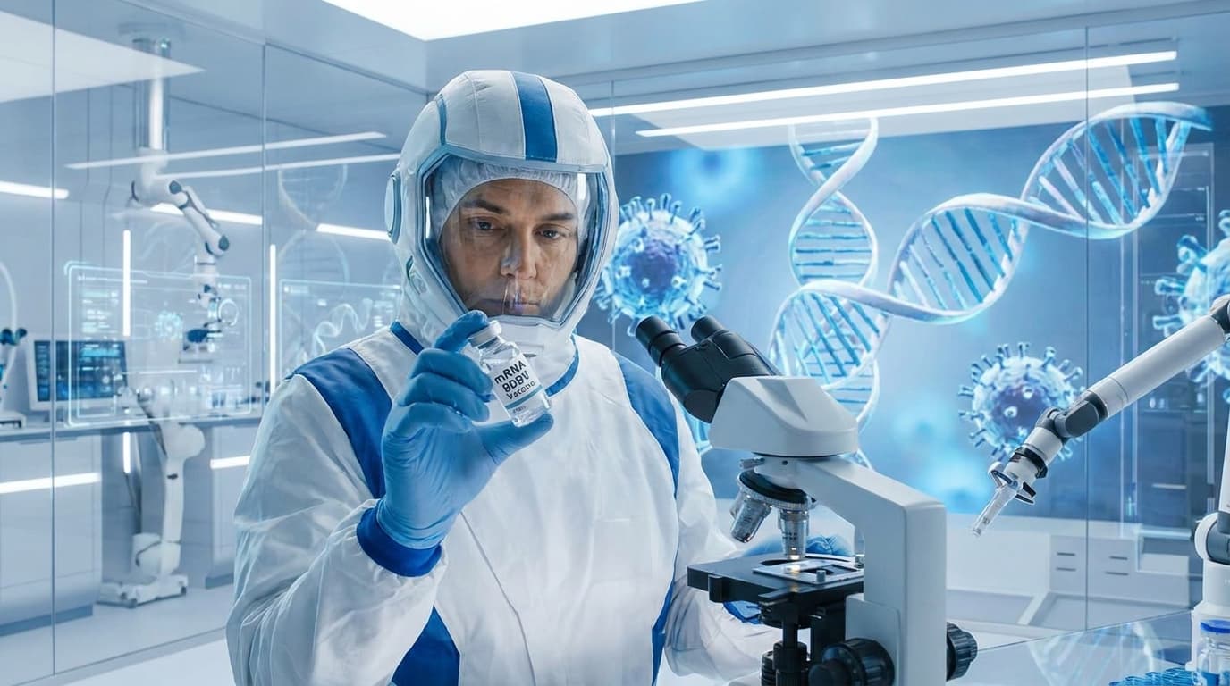 A scientist in a modern lab holds a vial of an mRNA Ebola vaccine, with digital representations of RNA in the background.