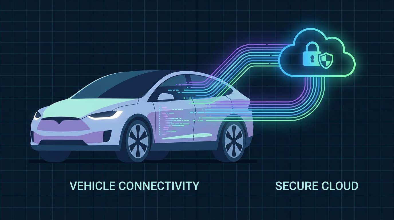 A modern car illustrating the flow of data to the cloud, symbolizing the security architecture of connected vehicles.