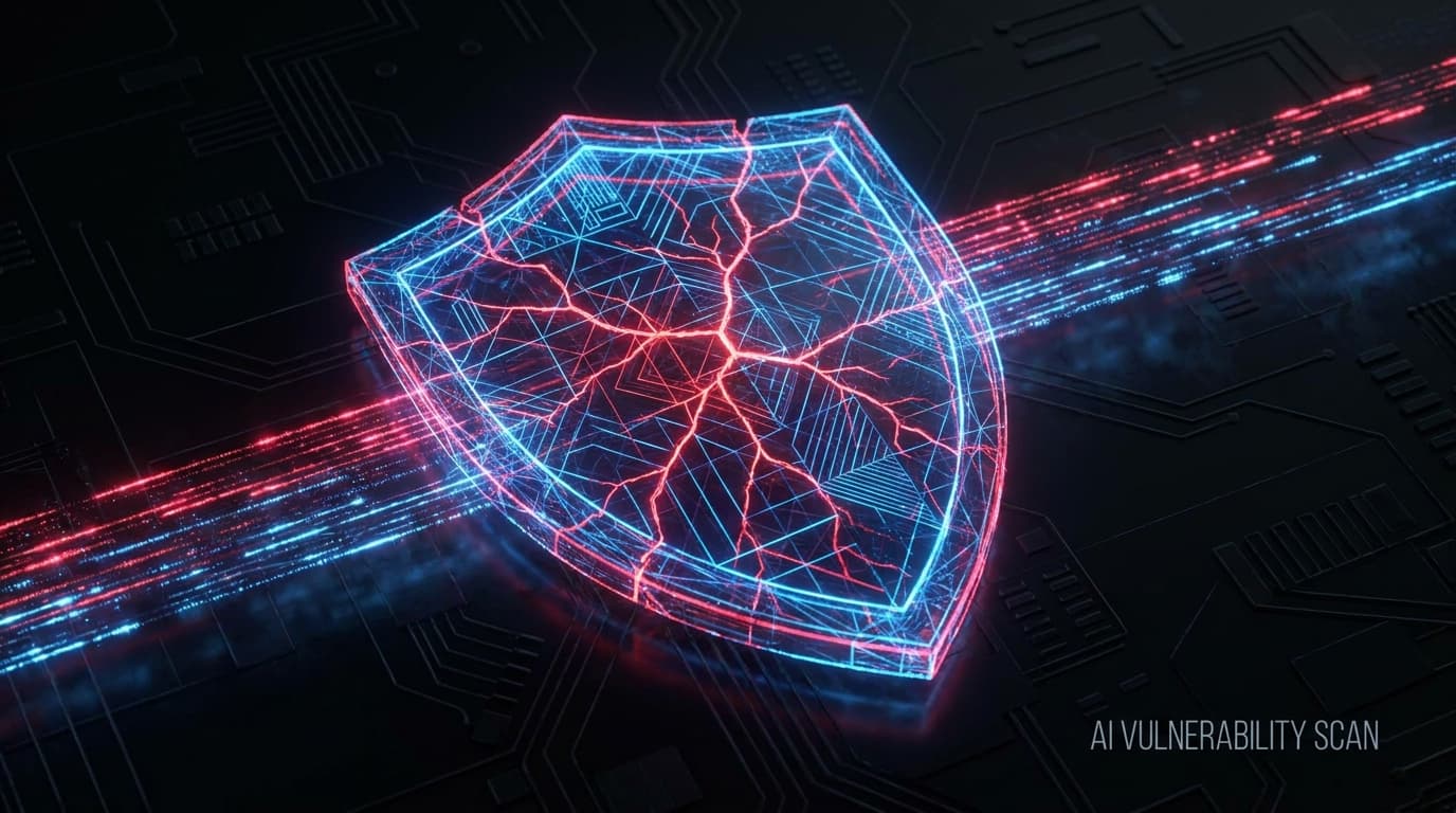 A digital shield representing cybersecurity being scanned by AI data streams, which are revealing cracks and vulnerabilities in the system.