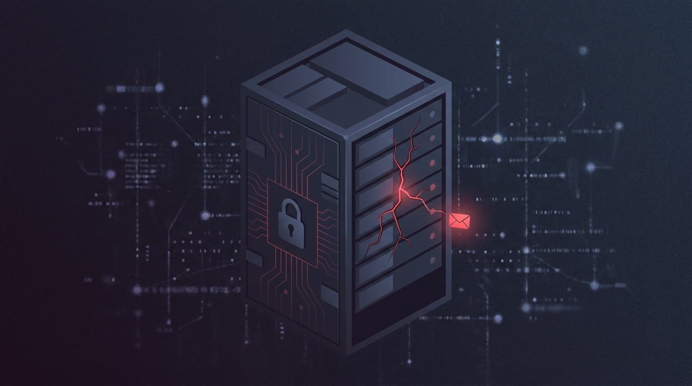 A conceptual image representing a security vulnerability in an Exim mail server, showing a digital lock with a visible flaw.