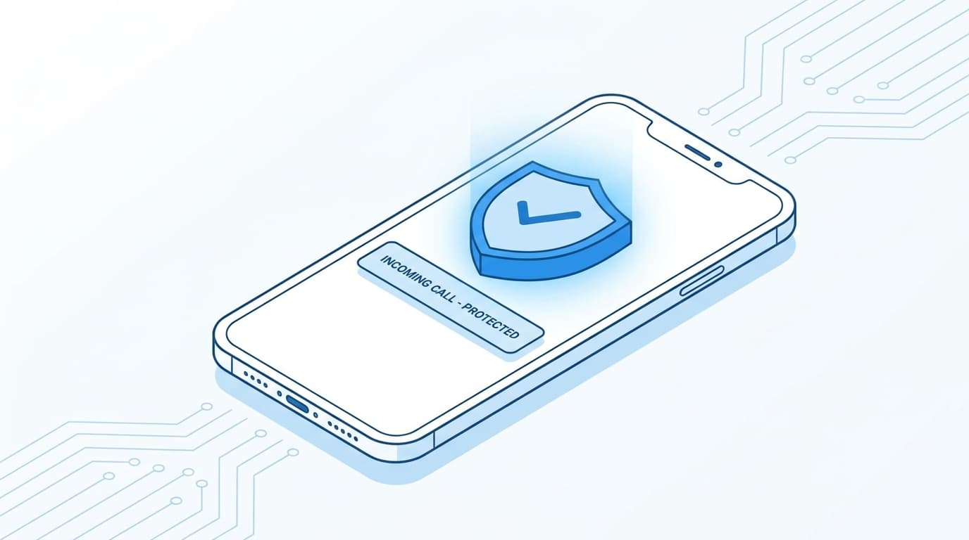 A smartphone screen displaying a notification for an incoming call, with a large shield icon overlaid, representing security and scam call protection.