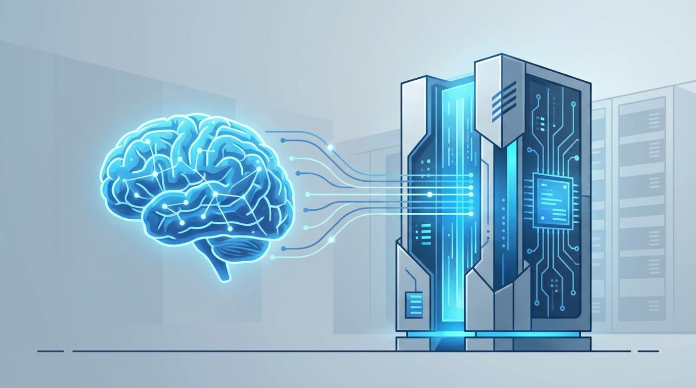 An abstract illustration of a human brain with glowing circuits connecting to a computer server, symbolizing the fusion of AI talent and technology infrastructure.