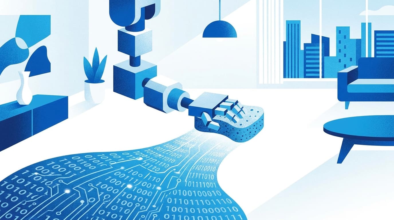 Abstract image of a robot arm cleaning a stream of data, symbolizing the use of home cleaning to train AI.