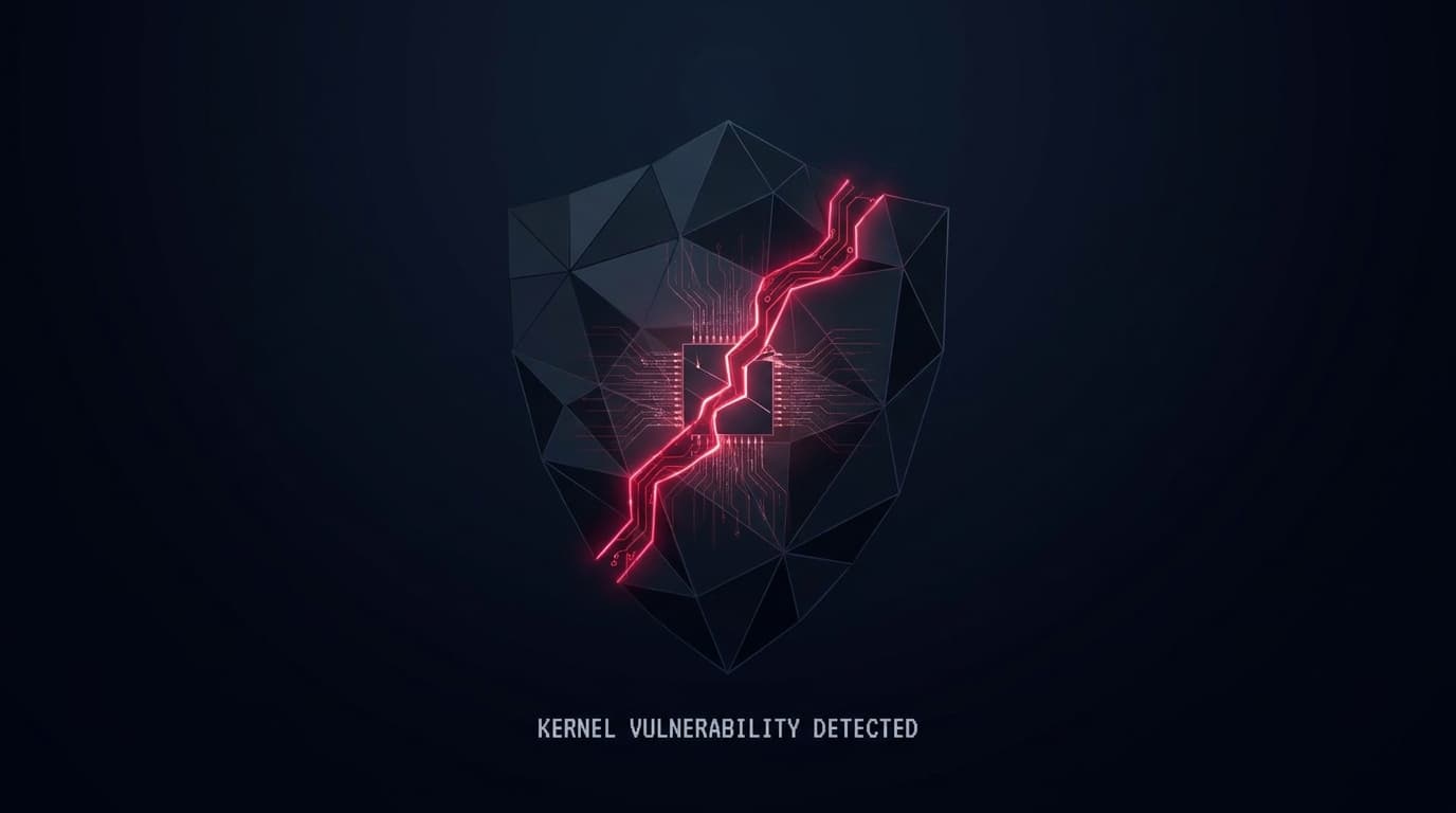 A digital shield with a glowing red crack, symbolizing a kernel-level security vulnerability in a Windows driver.