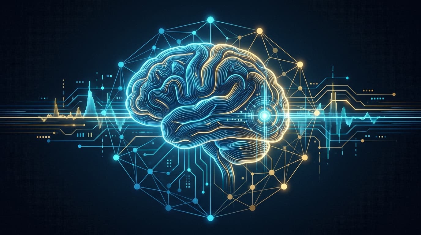 Abstract illustration of a human brain connected to a digital network, symbolizing the partnership between human intelligence and AI.