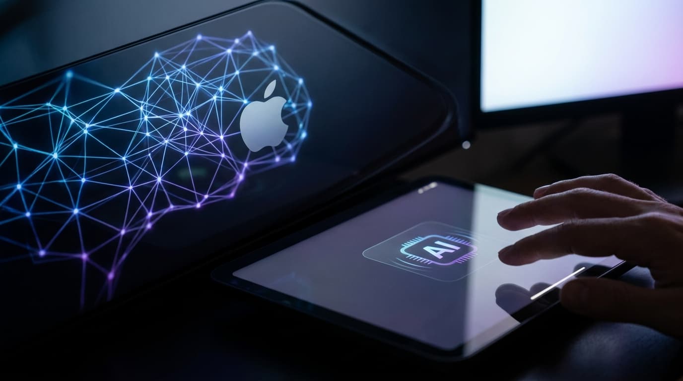 An abstract image representing Apple's upcoming AI strategy, showing a glowing apple logo intertwined with digital neural network patterns.