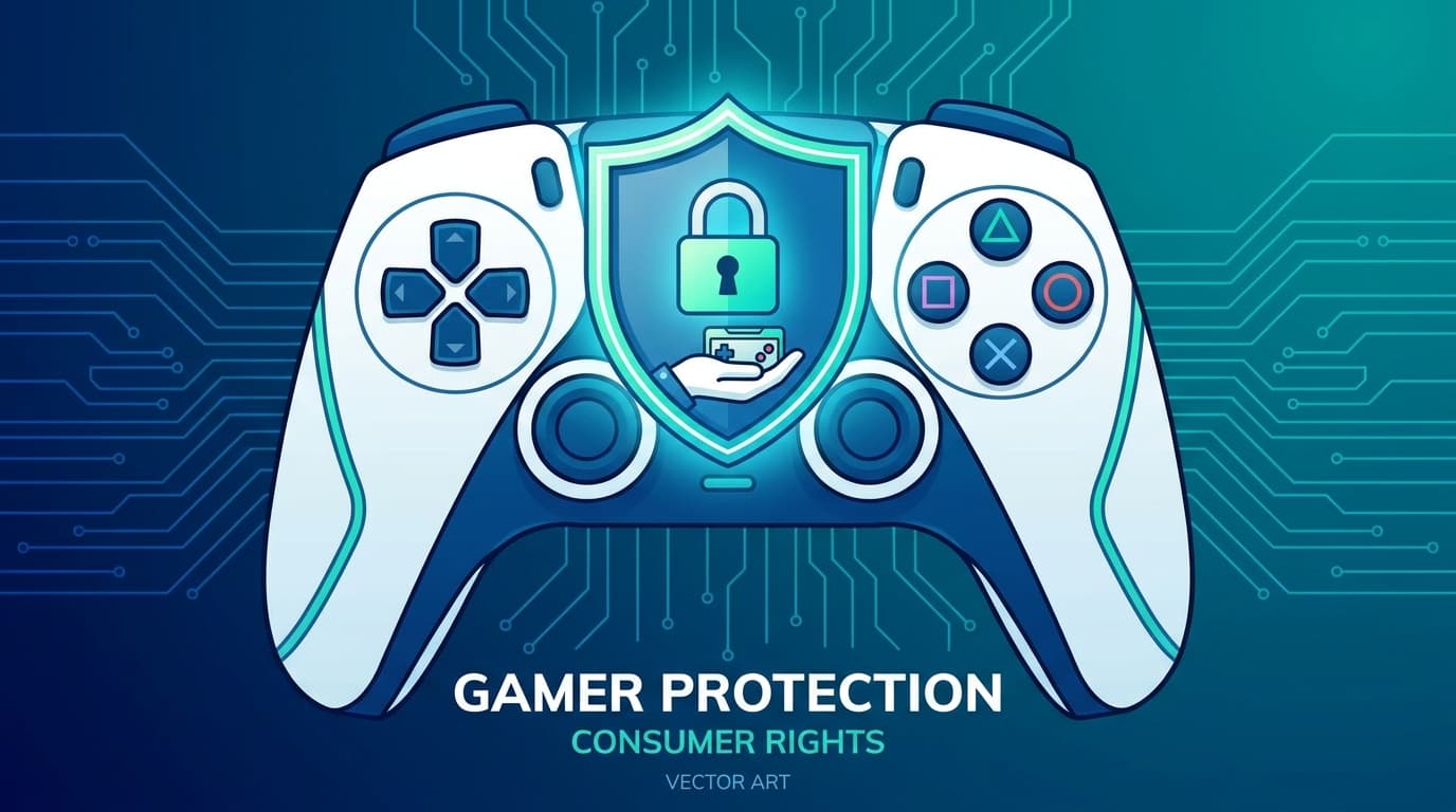 A video game controller with a shield, representing the California Protect Our Games Act.