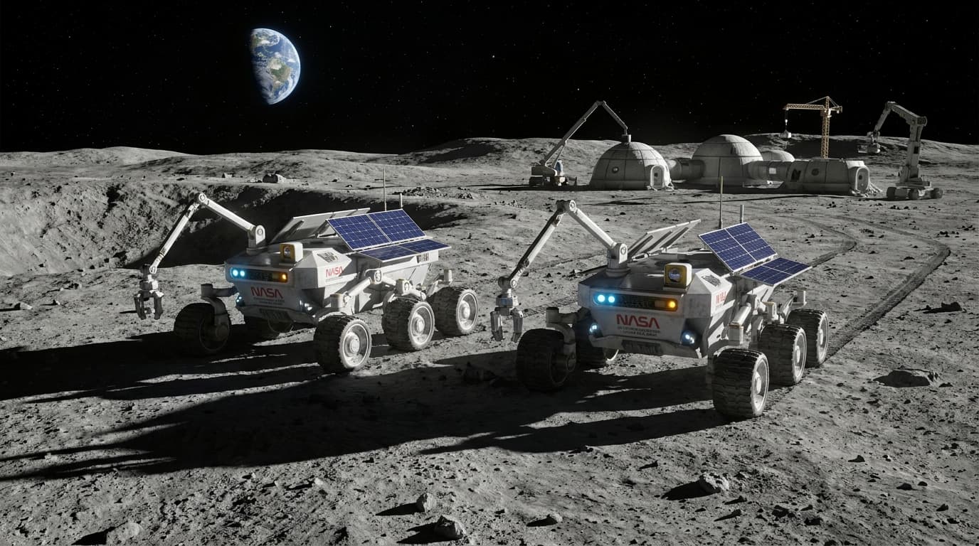 Concept art of two autonomous NASA rovers on the Moon's surface, with the framework of a future lunar base in the background.