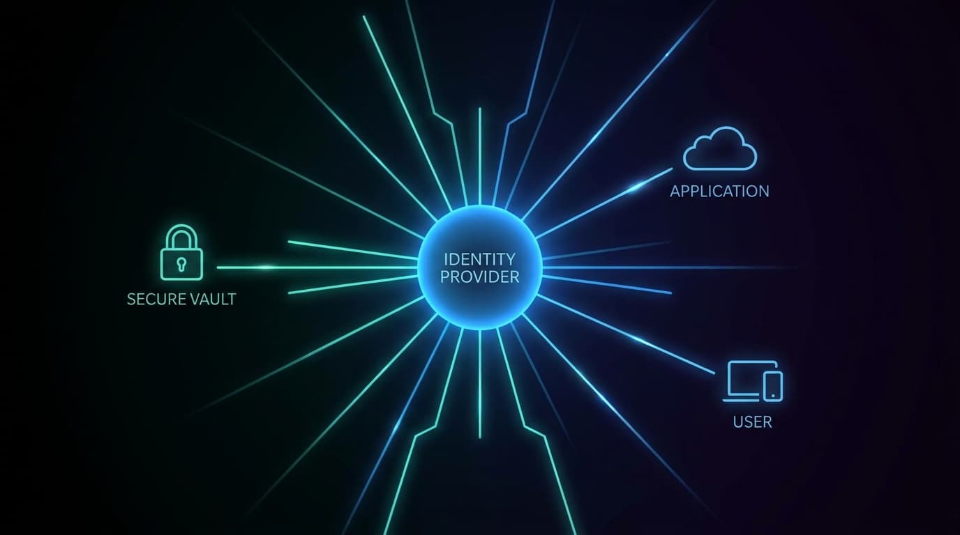 Abstract representation of automated identity provisioning, showing a central hub connecting to a secure vault icon, symbolizing SCIM integration.