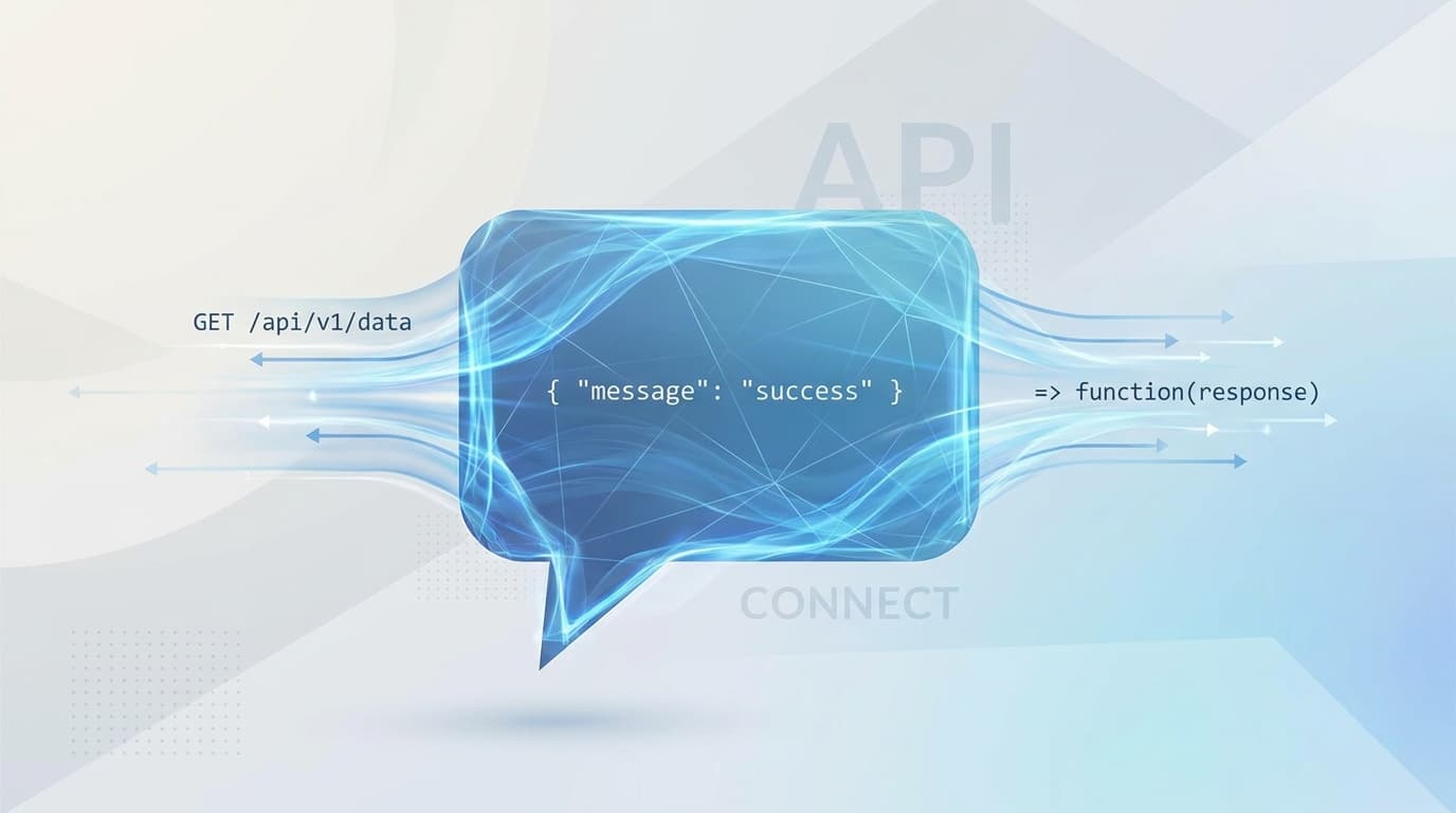 Abstract representation of an API for iMessage, showing a blue chat bubble connected to code.