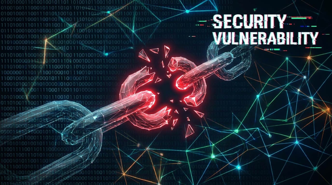 A conceptual image representing a security flaw, showing a broken digital chain link against a dark, technical background.
