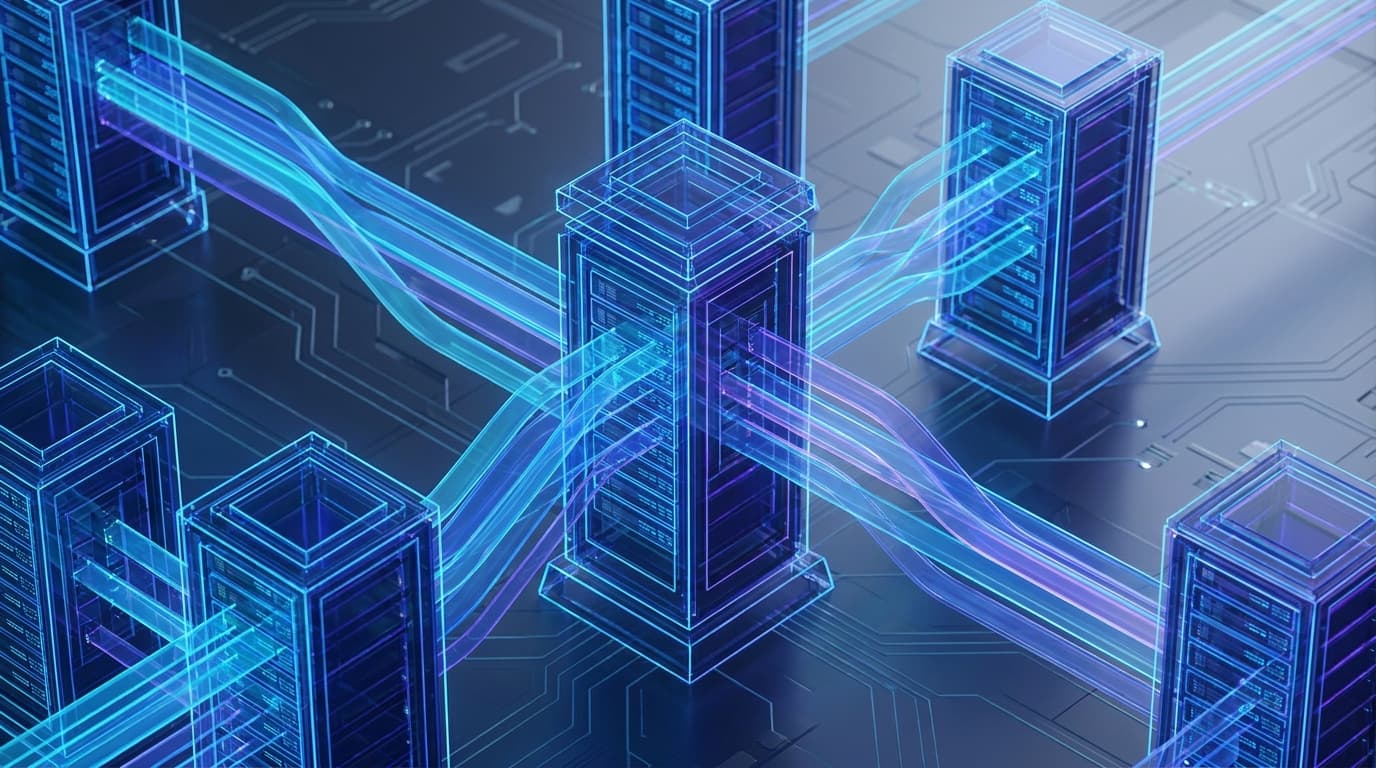An abstract visualization of AI infrastructure, showing organized data flows and network connections, representing the concept of running AI in production.