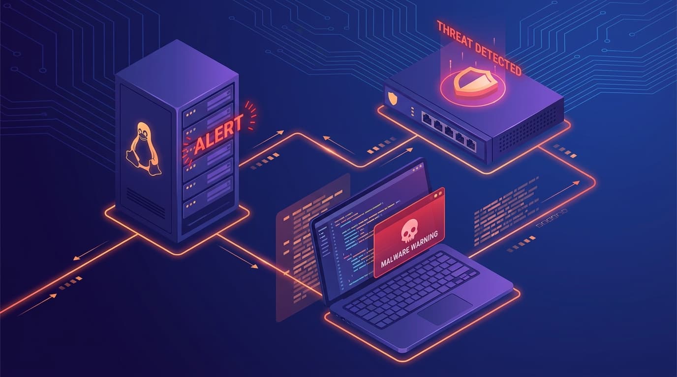 Abstract visualization of multiple cybersecurity threats, including vulnerabilities in servers, firewalls, and developer tools.