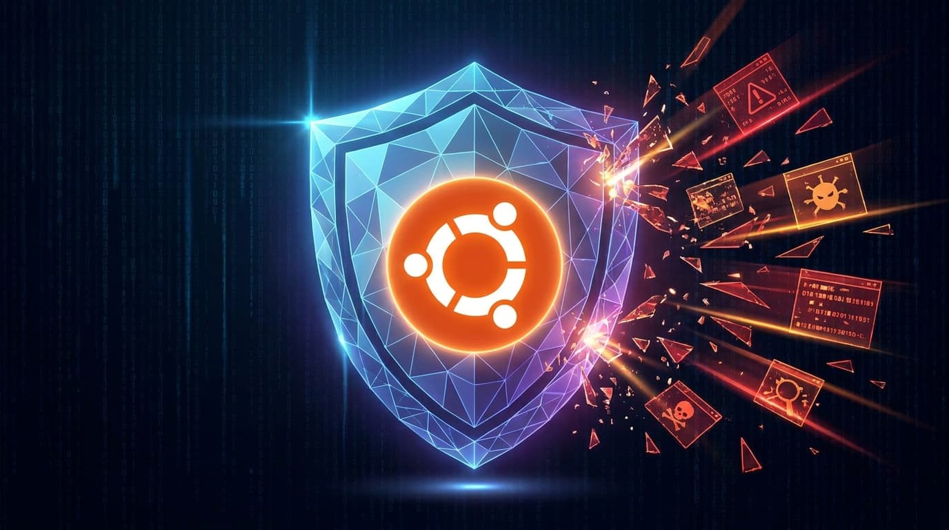 Abstract representation of a security shield protecting the Ubuntu operating system from a vulnerability.