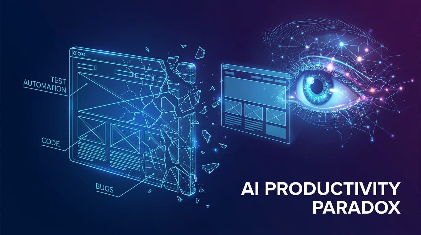 Conceptual art showing a fragile, cracking wireframe of a user interface, contrasted with a solid perception of it by a neural network, illustrating the AI productivity paradox in testing.