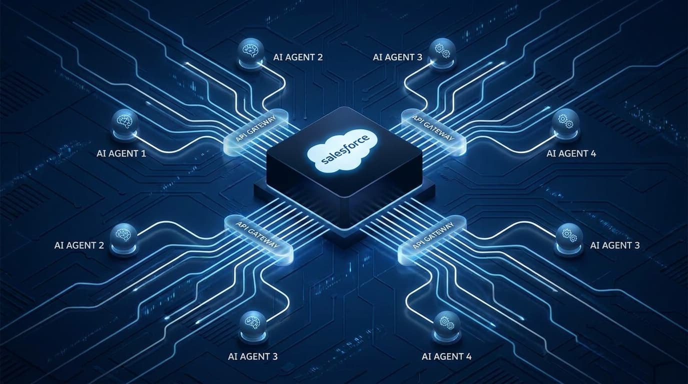 Abstract visualization of a central data hub connecting to multiple AI agents, representing Salesforce's new headless architecture.