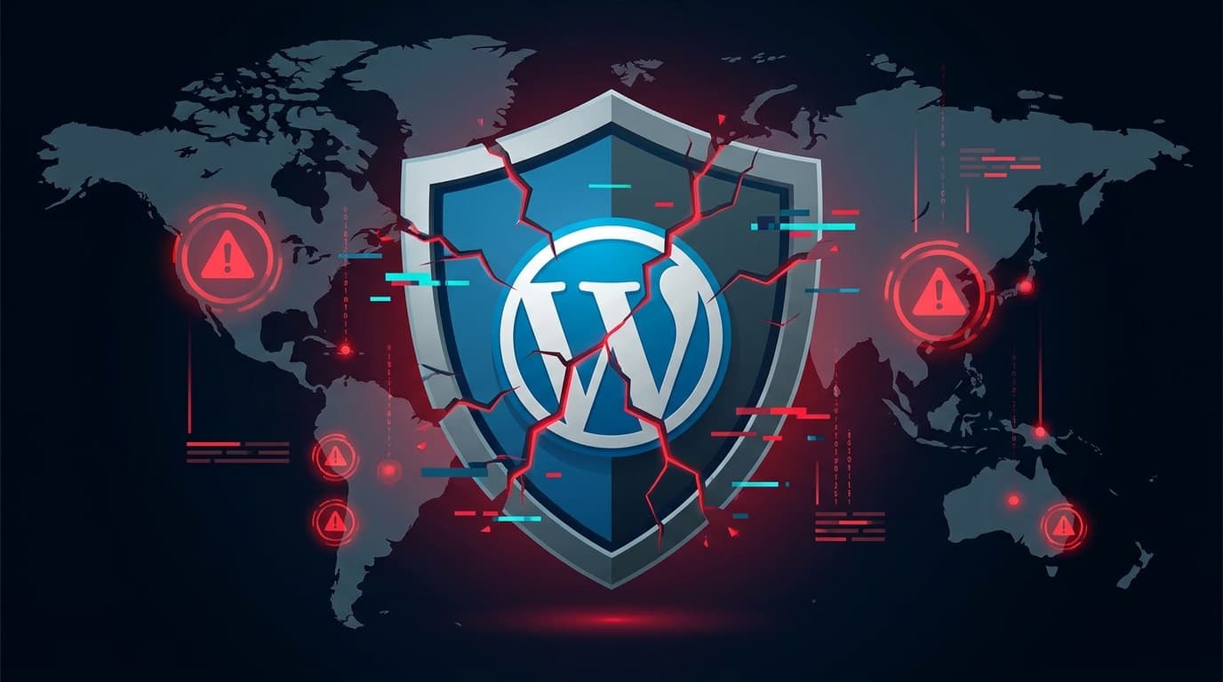 A cracked shield with the WordPress logo, symbolizing a security vulnerability in the WP Maps Pro plugin.