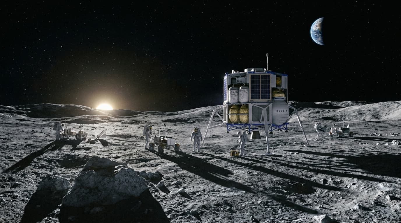 Blue Origin's Blue Moon lander on the surface of the Moon, part of NASA's new missions to establish a permanent lunar base.