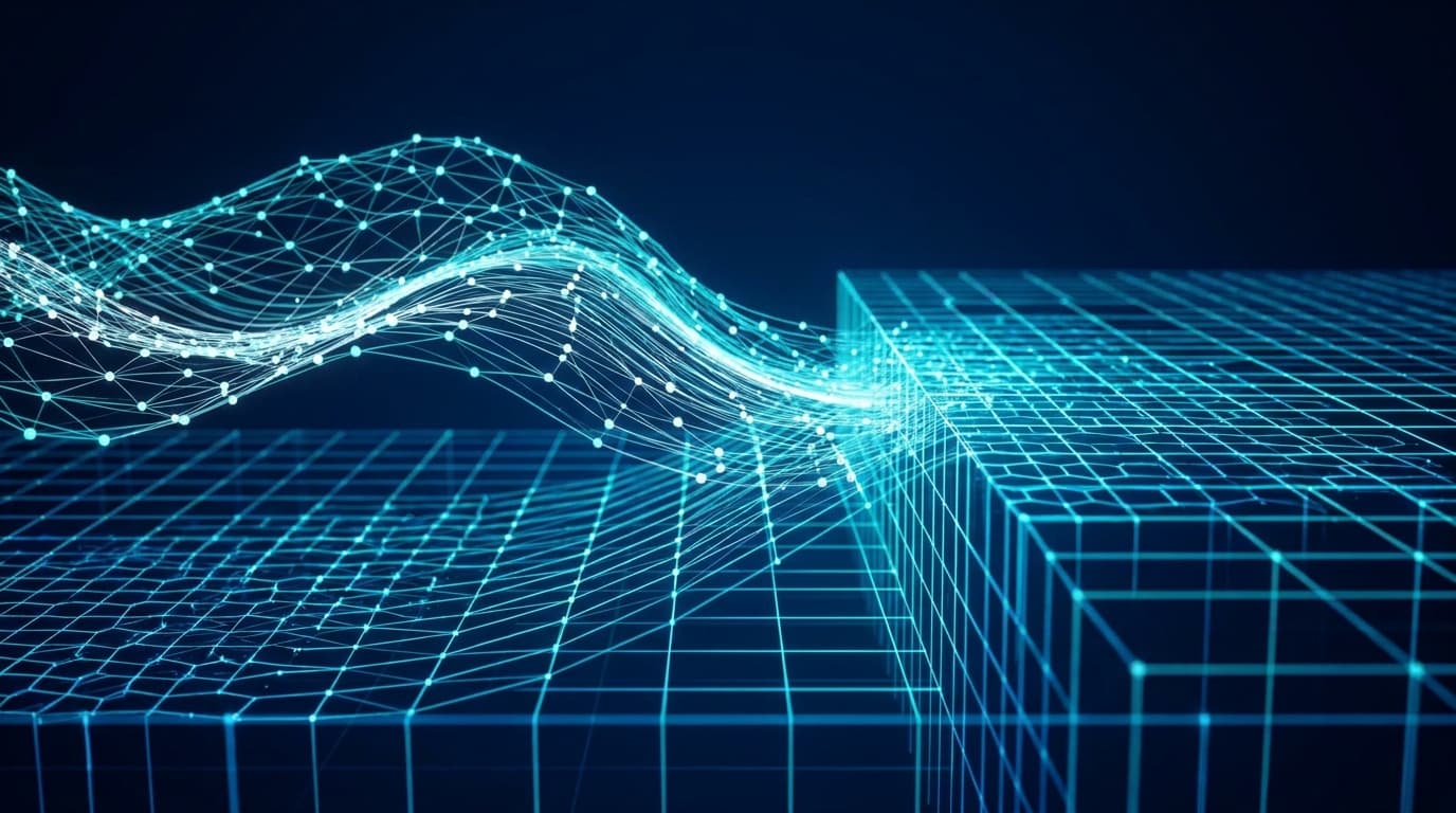 An abstract representation of AI agents, shown as a wave of light, being contained and structured by a secure digital framework.