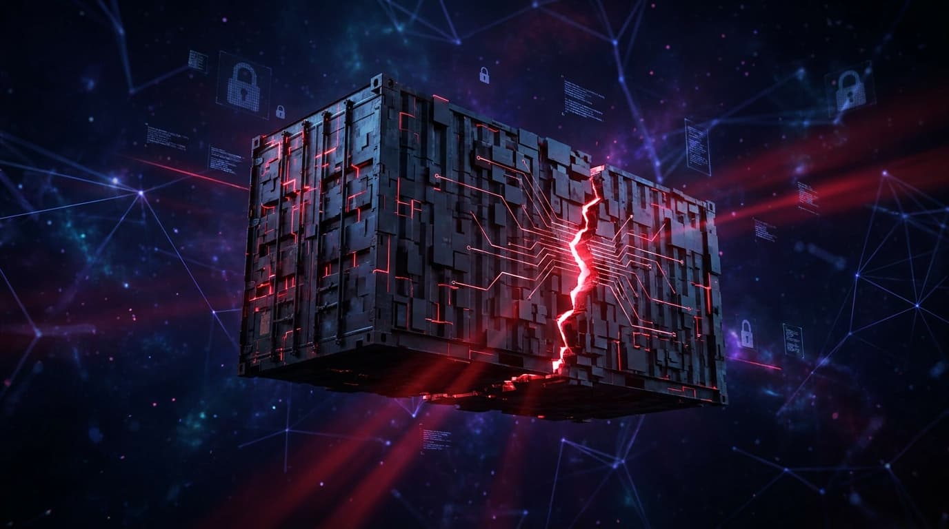 An illustration of a digital container with red glowing lines, representing a security vulnerability in cloud infrastructure.