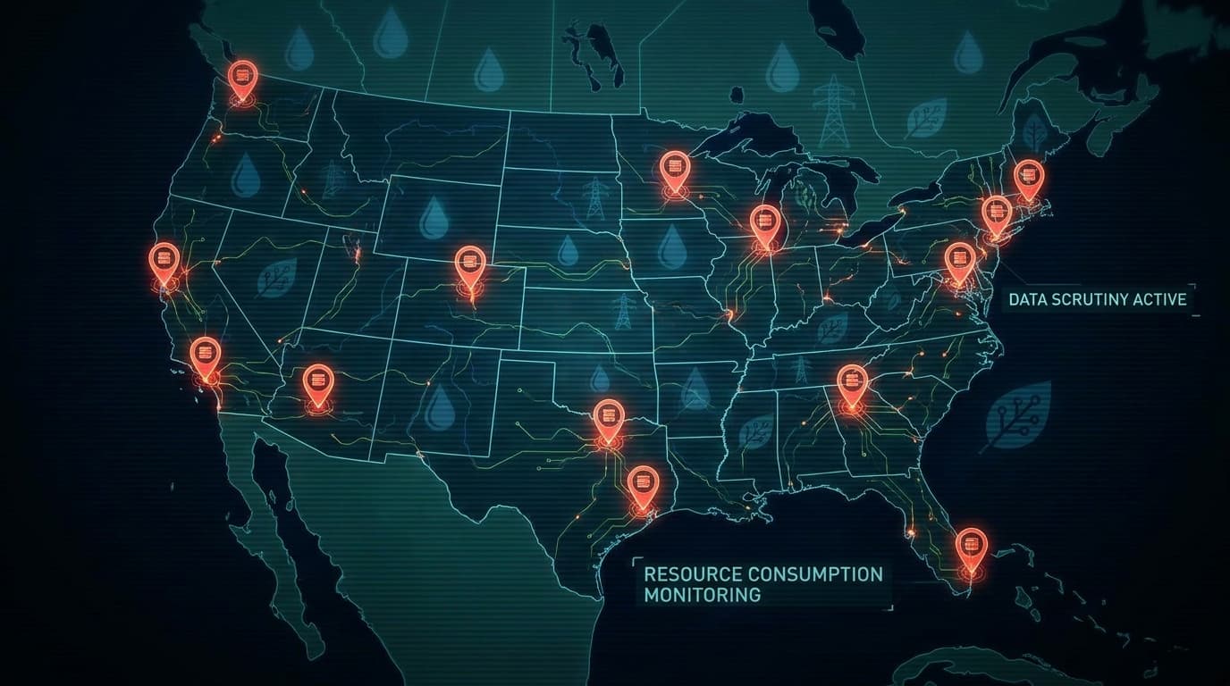 A map of the United States showing the locations of data centers, illustrating a story about environmental tracking and scrutiny.