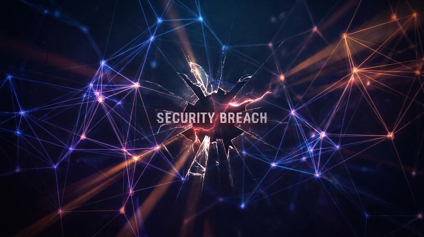A conceptual image of a security vulnerability in an AI system, showing a fractured digital network.