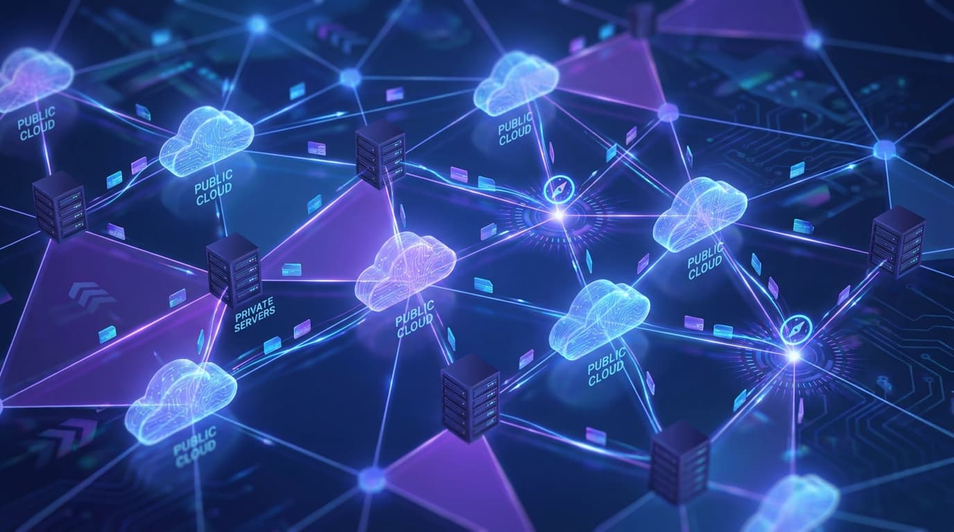 Abstract diagram showing AI workloads being distributed across a hybrid cloud and on-premise infrastructure, symbolizing a new placement strategy.