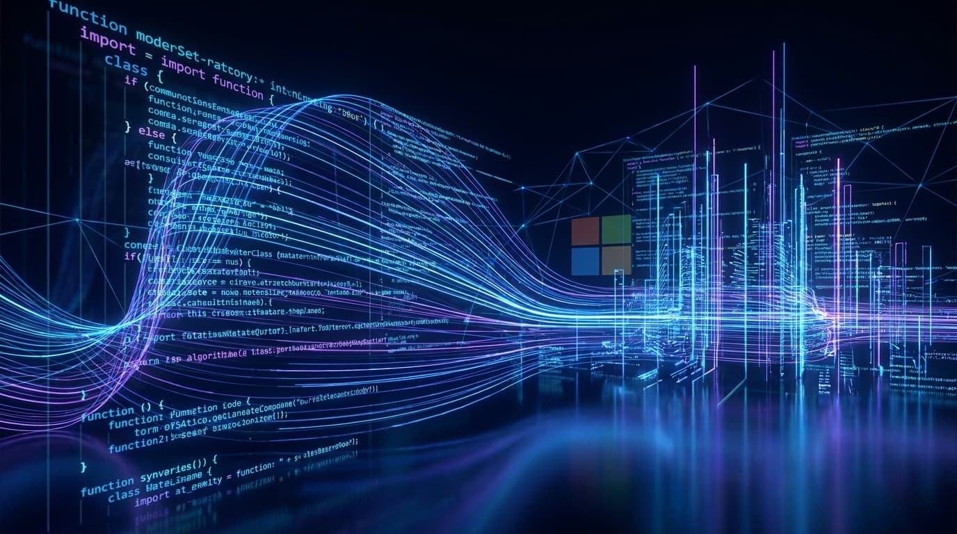 Abstract visualization of AI generating code, with glowing blue and purple lines of text on a dark background, representing the new Microsoft MAI-1 model.