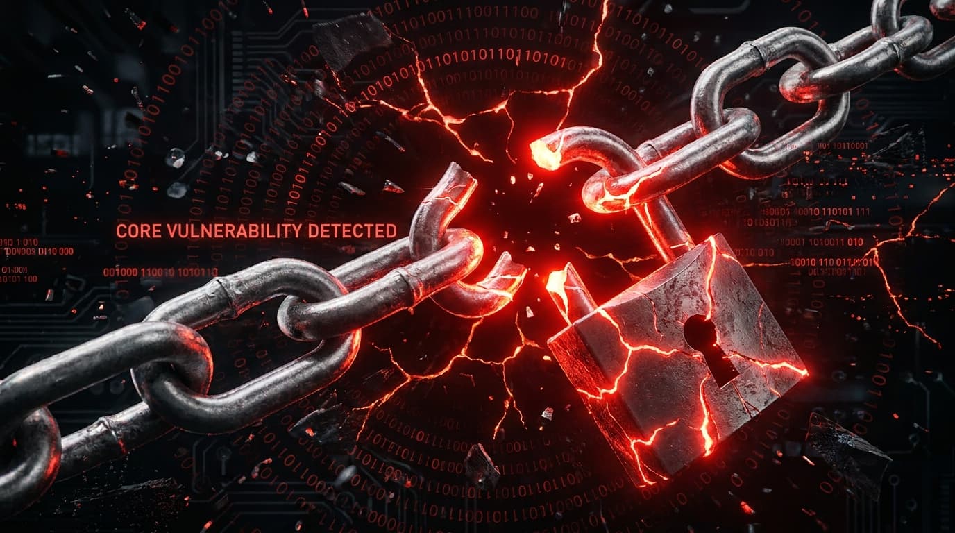 A red glowing broken padlock on a chain, symbolizing a critical software security vulnerability in XZ Utils.