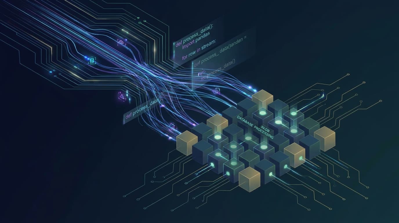 An abstract image representing Python code being executed directly within a ClickHouse database environment.