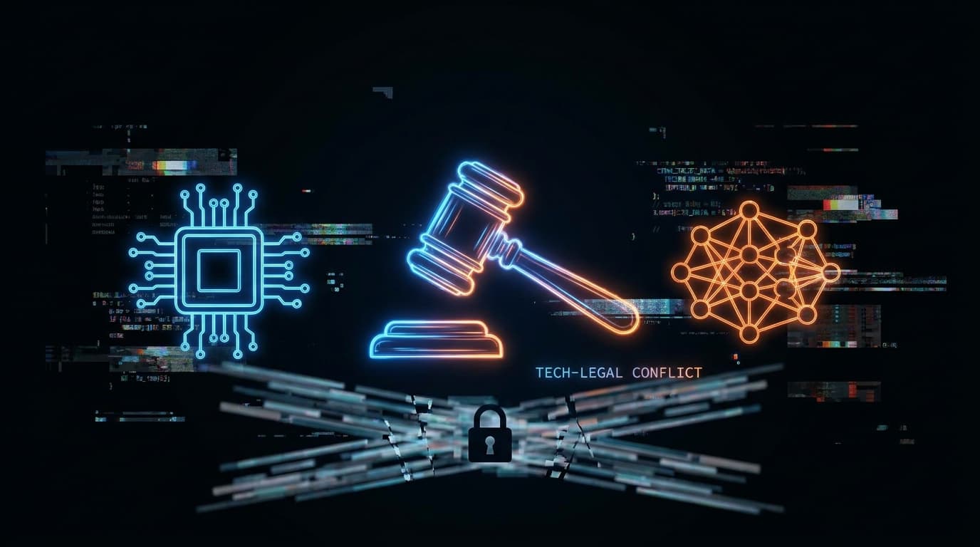 Conceptual art of a legal gavel separating an electronic circuit from an AI neural network, symbolizing a legal dispute.