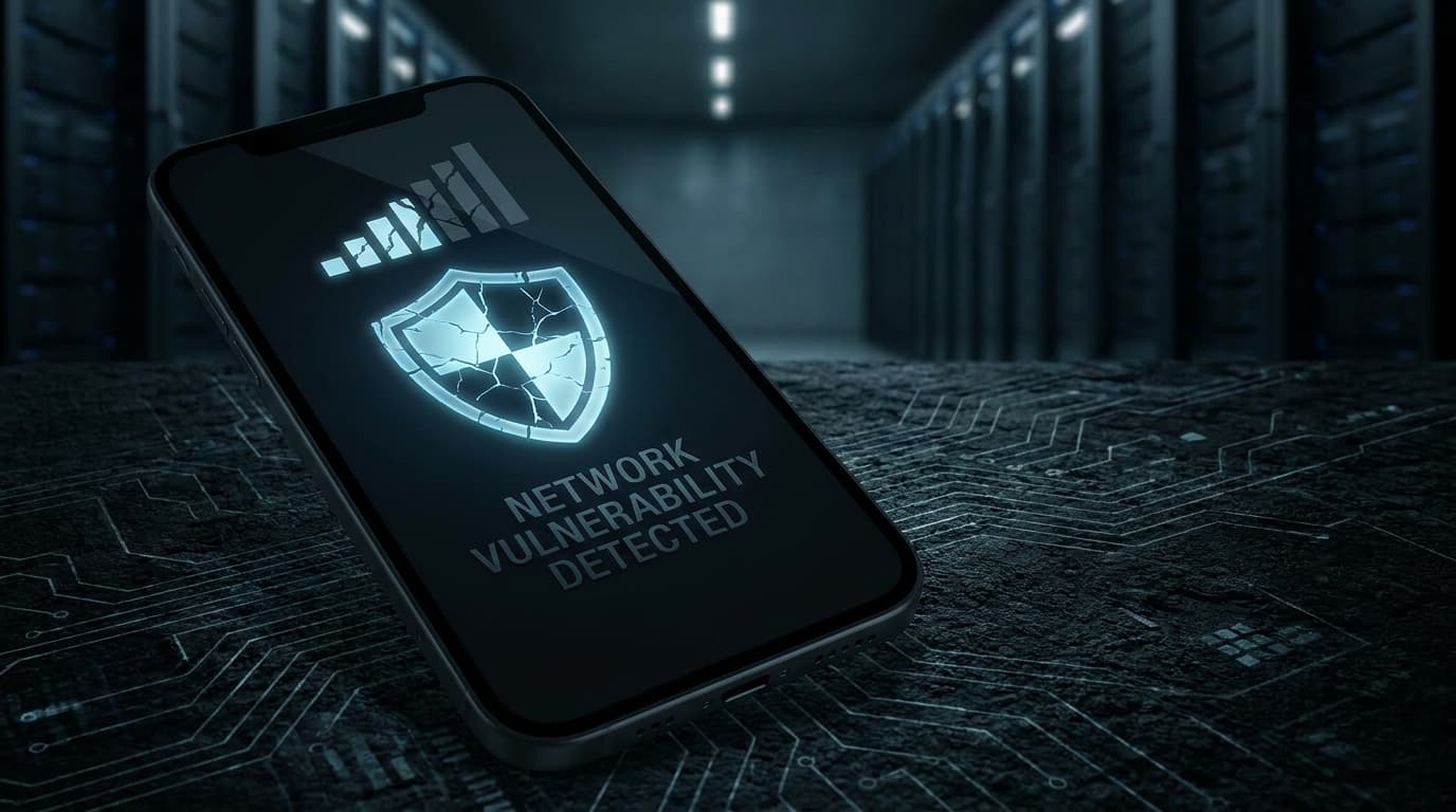A broken shield over a smartphone's network signal, representing a security flaw in a mobile network.