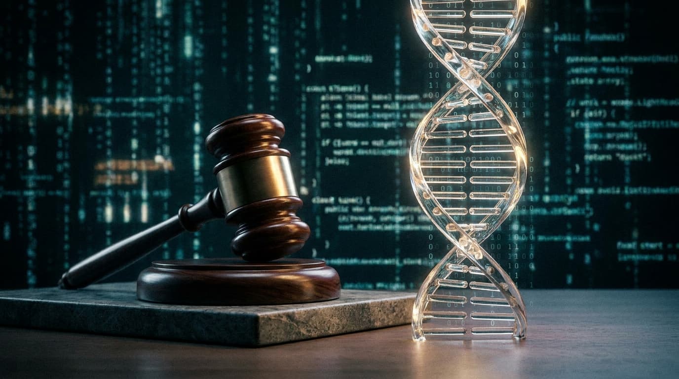 A gavel and a DNA helix, representing the lawsuit against 23andMe for its data breach.