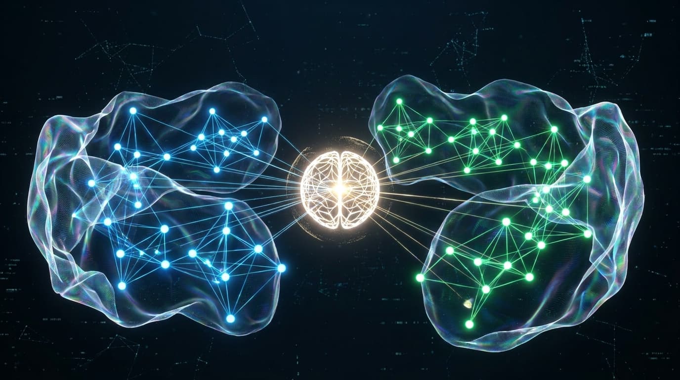 Abstract visualization of an AI-orchestrated, hyper-segmented network, showing secure data flow.