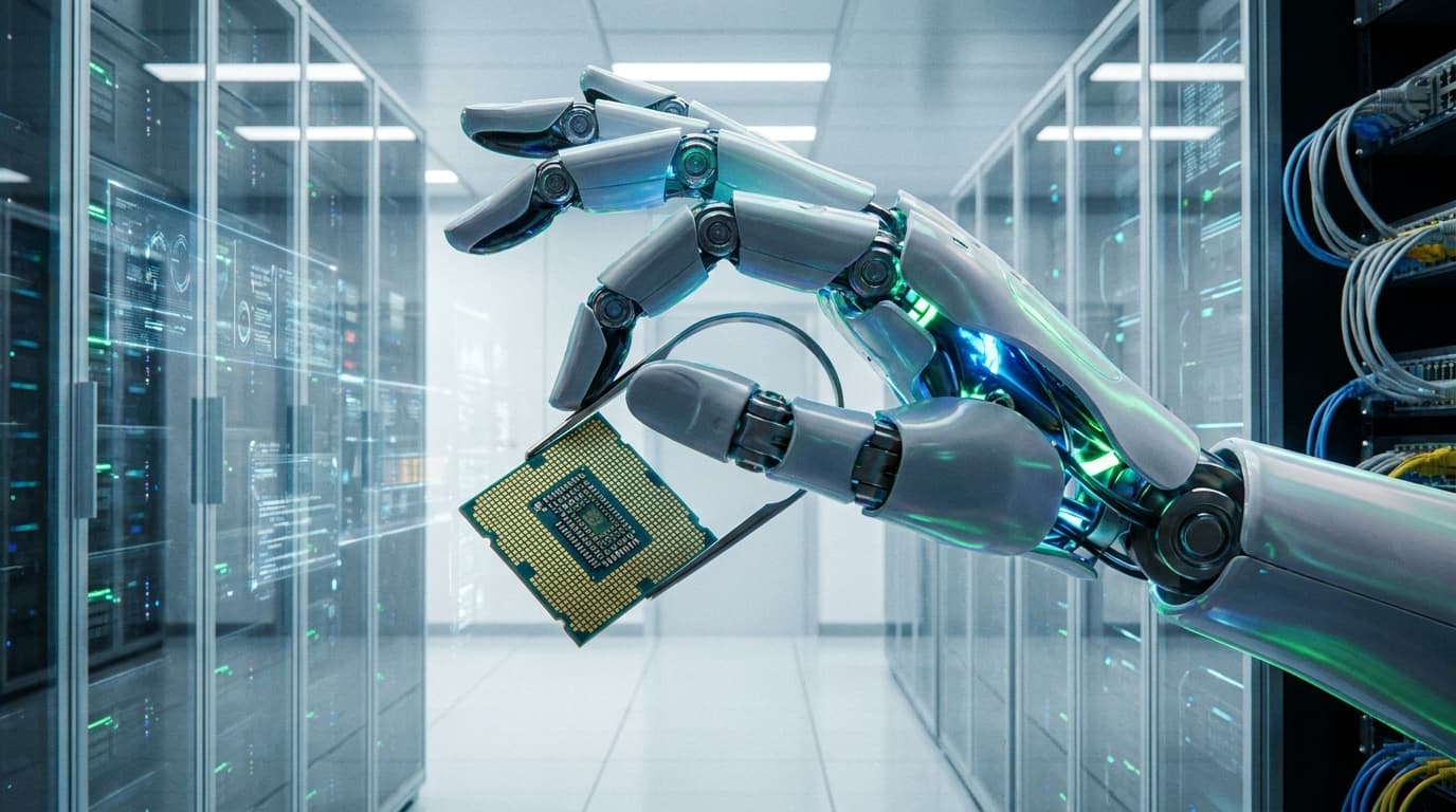 A close-up of a sophisticated humanoid robot hand performing a delicate task, representing the RLDX-1 AI model for dexterity.